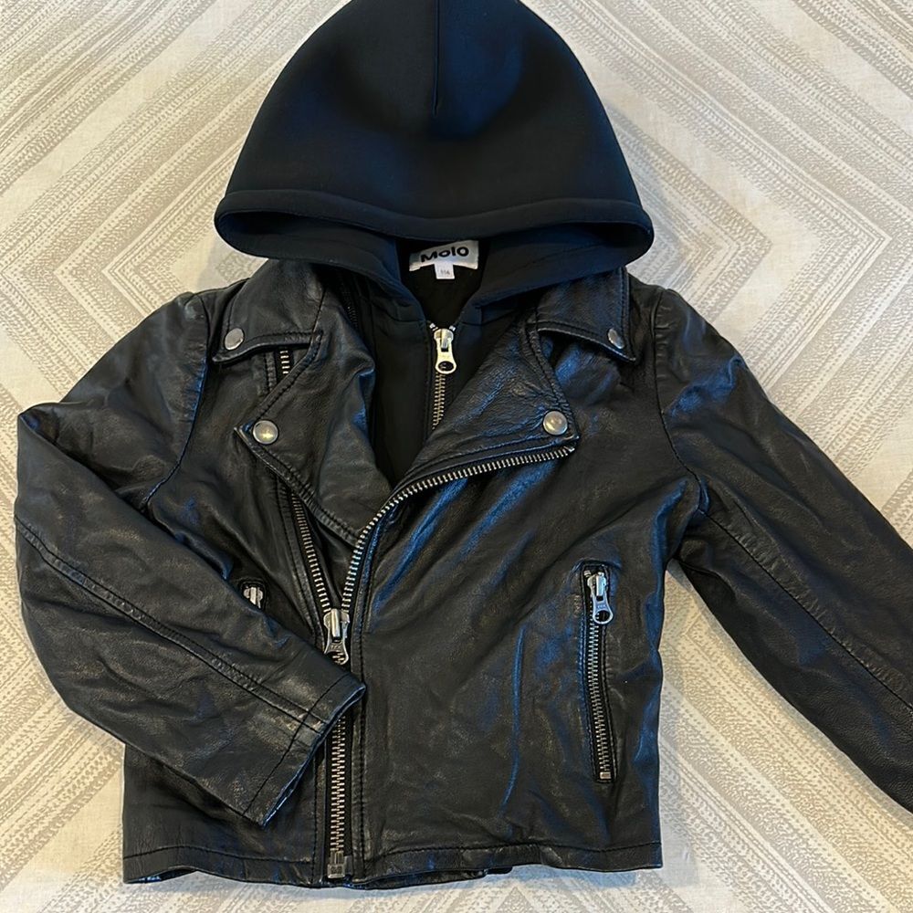 Molo Black Leather Kids Moto Hooded Zipper Jacket